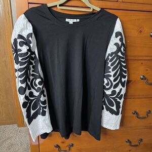 NWT Chico’s Black White Embroidered Top Size 3 (XL) Puff Sleeve Dramatic